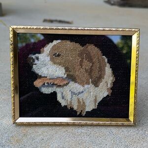 Vintage Small Tapestry Art Australian Shepherd Spaniel Dog Brass Black Tan